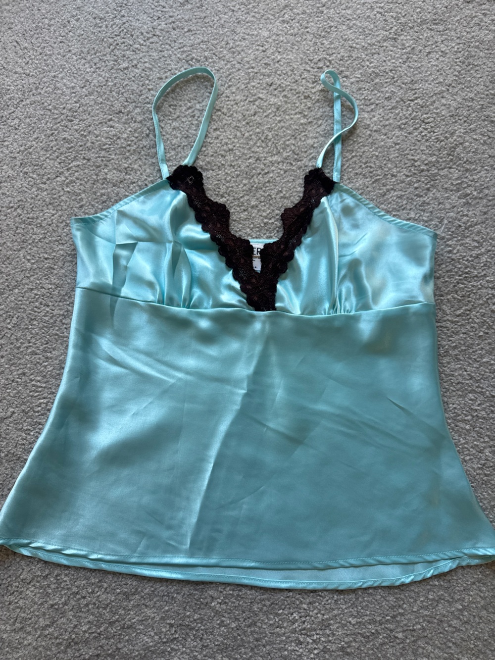 A. Byer Light Aqua Satin Camisole with Brown Trim